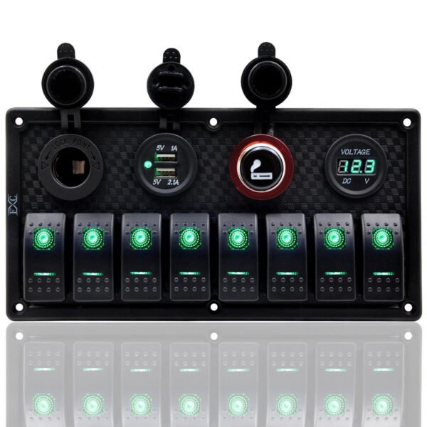 Bfy Switch Panel 8'li +Usb+Plastik Çakmaklık+ Çakmak+ Voltmetre Yeşil
